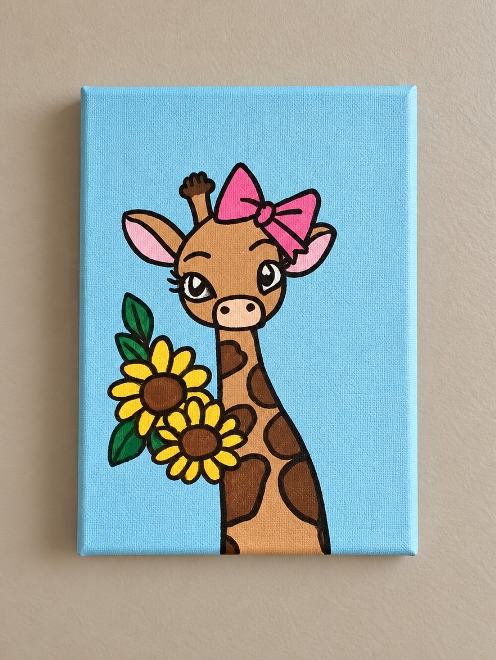 Giraffe Canvas Wall Art 5x7 Blue Pink Bow
